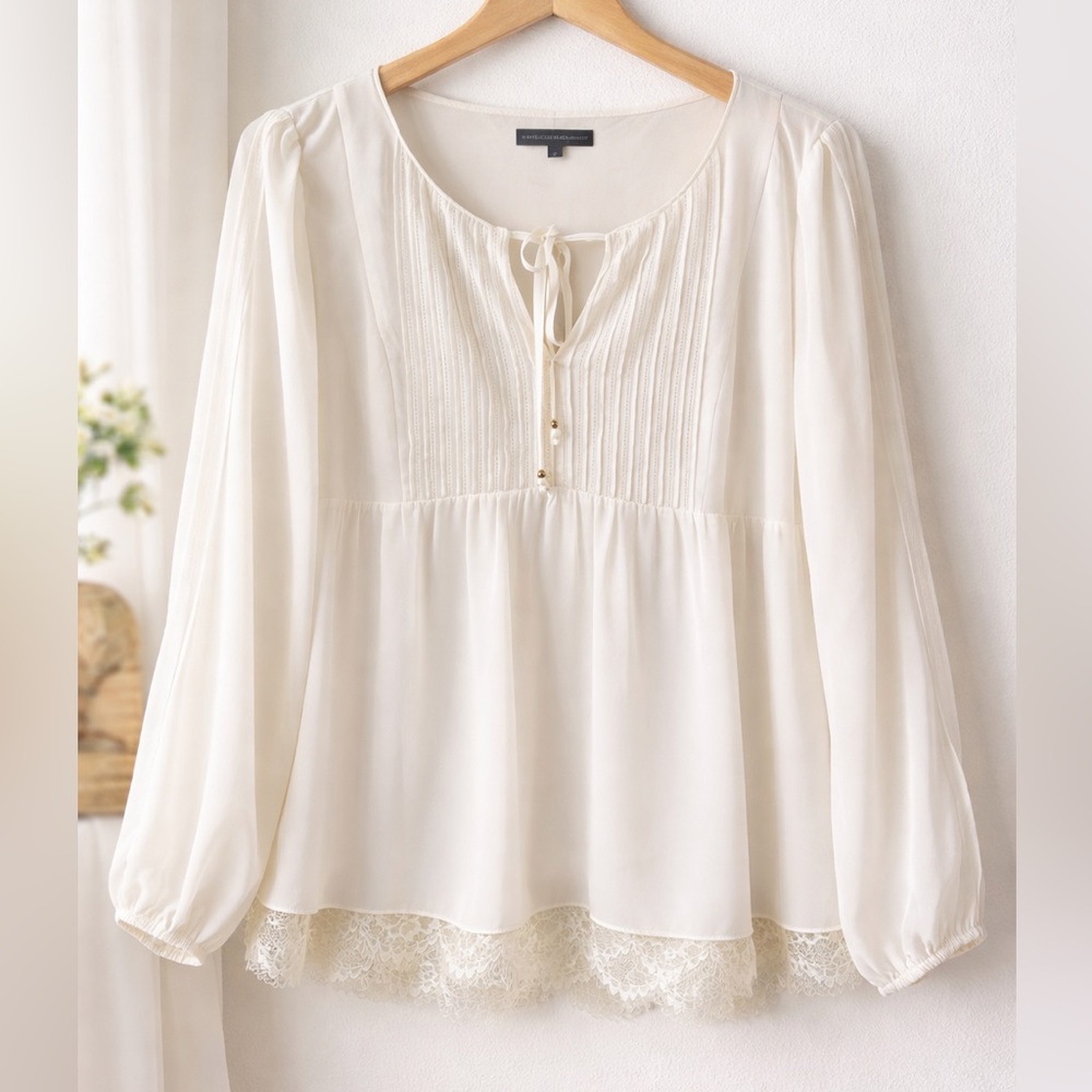 White House Black Market Ivory Boho Blouse- Sheer, Lace Hem, Long Sleeve - Sz 6